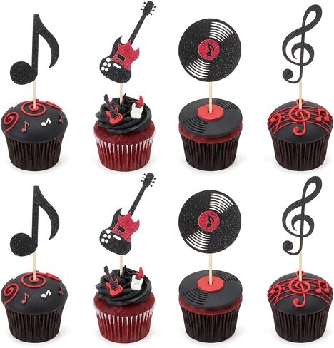 24 Pcs Music Cupcake Toppers, Glitter Guitar CD Record Music Notes Cupcake Picks for Rock Music Concert Theme Baby Shower Wedding Birthday Party Cake Decorations Supplies in Kuwait