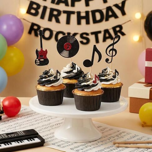 24 Pcs Music Cupcake Toppers, Glitter Guitar CD Record Music Notes Cupcake Picks for Rock Music Concert Theme Baby Shower Wedding Birthday Party Cake Decorations Supplies in Kuwait
