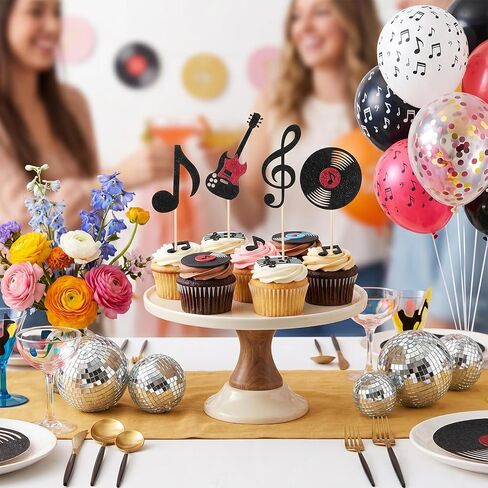 24 Pcs Music Cupcake Toppers, Glitter Guitar CD Record Music Notes Cupcake Picks for Rock Music Concert Theme Baby Shower Wedding Birthday Party Cake Decorations Supplies in Kuwait