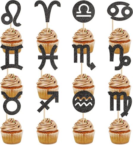 24Pcs Glitter Black Zodiac Cupcake Toppers Twelve Constellation Symbol Cupcake Picks 12 Zodiac Signs Food Picks for Horoscope Birthday Cupcake Decorations Astrology Party Decorations in Saudi Arabia