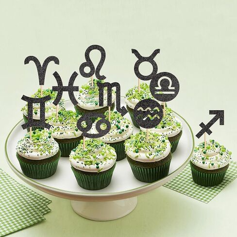 24Pcs Glitter Black Zodiac Cupcake Toppers Twelve Constellation Symbol Cupcake Picks 12 Zodiac Signs Food Picks for Horoscope Birthday Cupcake Decorations Astrology Party Decorations in Saudi Arabia