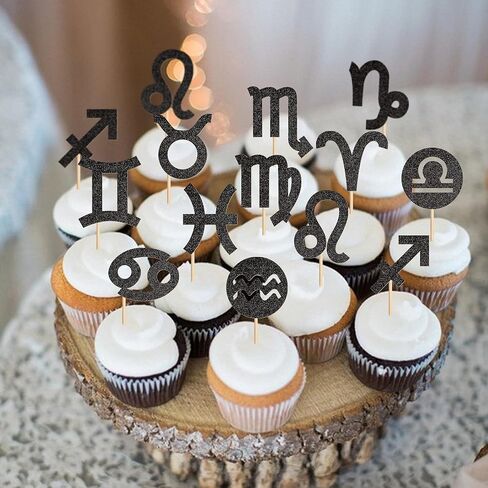 24Pcs Glitter Black Zodiac Cupcake Toppers Twelve Constellation Symbol Cupcake Picks 12 Zodiac Signs Food Picks for Horoscope Birthday Cupcake Decorations Astrology Party Decorations in Saudi Arabia