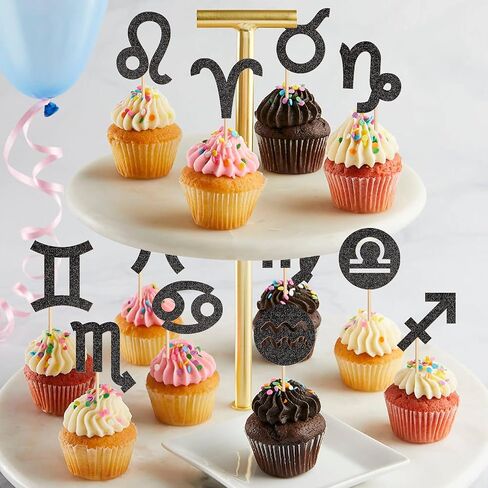 24Pcs Glitter Black Zodiac Cupcake Toppers Twelve Constellation Symbol Cupcake Picks 12 Zodiac Signs Food Picks for Horoscope Birthday Cupcake Decorations Astrology Party Decorations in Saudi Arabia