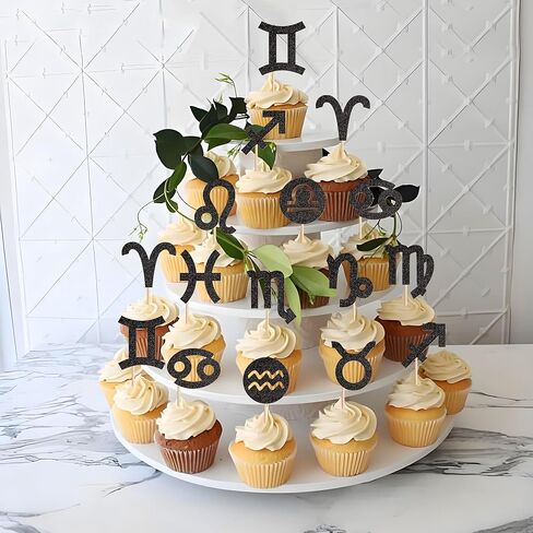 24Pcs Glitter Black Zodiac Cupcake Toppers Twelve Constellation Symbol Cupcake Picks 12 Zodiac Signs Food Picks for Horoscope Birthday Cupcake Decorations Astrology Party Decorations in Saudi Arabia