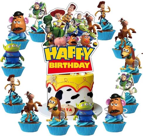 25Pcs For Toys Cake Decorations with 24pcs Cupcake Toppers, 1pcs Happy Birthday Cake Topper, Cartoon Themed Party Supplies, Perfect for Birthday Party Decorations in Saudi Arabia