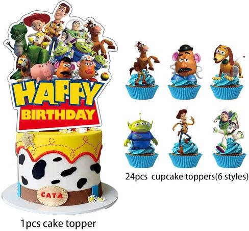 25Pcs For Toys Cake Decorations with 24pcs Cupcake Toppers, 1pcs Happy Birthday Cake Topper, Cartoon Themed Party Supplies, Perfect for Birthday Party Decorations in Saudi Arabia