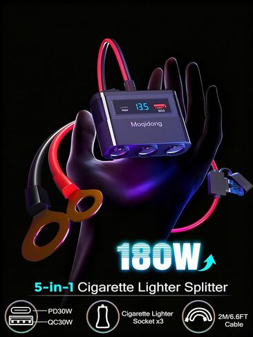 5 in 1 Cigarette Lighter Splitter, 180W Car Charger Adapter with USB PD/QC 30W (6.6FT Cable), 24V/12V Cigarette Socket Eyelet Terminal Battery Power Plug with Main Switch & LED Voltage Display in Saudi Arabia