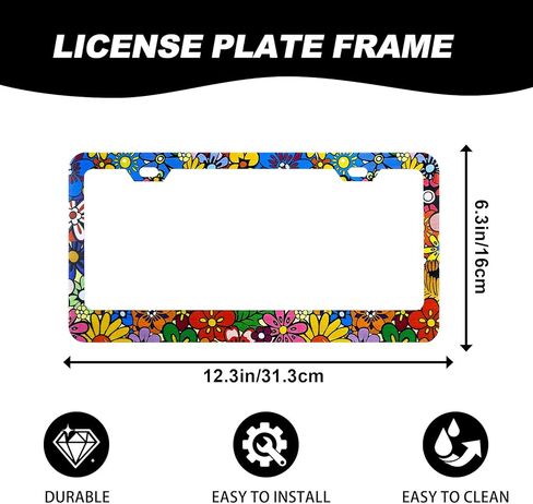Colorful Floral License Plate Frame Personalise Flowers License Plate Frame Car Universal Stainless Steel Accessories Car Decor with 2 Holes and Screws Fits Standard Us Vehicles Size 12.3 X 6.3 Inch in Kuwait