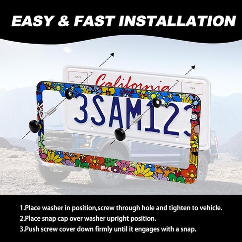 Colorful Floral License Plate Frame Personalise Flowers License Plate Frame Car Universal Stainless Steel Accessories Car Decor with 2 Holes and Screws Fits Standard Us Vehicles Size 12.3 X 6.3 Inch in Kuwait