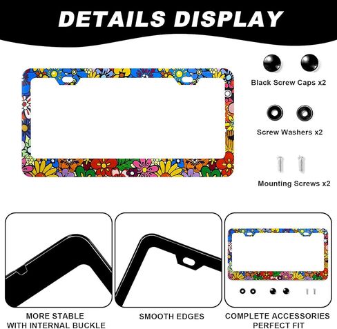 Colorful Floral License Plate Frame Personalise Flowers License Plate Frame Car Universal Stainless Steel Accessories Car Decor with 2 Holes and Screws Fits Standard Us Vehicles Size 12.3 X 6.3 Inch in Kuwait