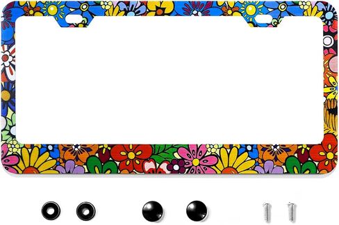 Colorful Floral License Plate Frame Personalise Flowers License Plate Frame Car Universal Stainless Steel Accessories Car Decor with 2 Holes and Screws Fits Standard Us Vehicles Size 12.3 X 6.3 Inch in Kuwait