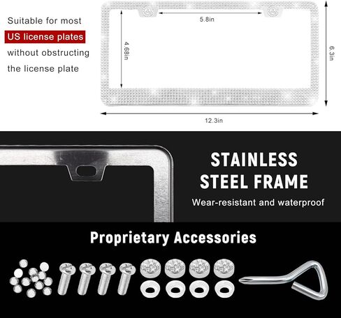 2 PCS Bling License Plate Frame for Women, Handcrafted Rhinestone Car Tag Frame with Sparkle Glitter Caps, Shiny Crystal Stainless Steel License Plate Holder for Most Vehicles (White) in Saudi Arabia