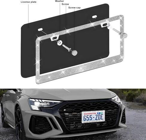 2 PCS Bling License Plate Frame for Women, Handcrafted Rhinestone Car Tag Frame with Sparkle Glitter Caps, Shiny Crystal Stainless Steel License Plate Holder for Most Vehicles (White) in Saudi Arabia