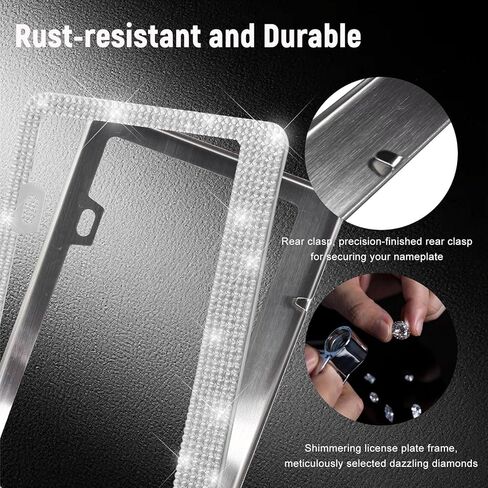 2 PCS Bling License Plate Frame for Women, Handcrafted Rhinestone Car Tag Frame with Sparkle Glitter Caps, Shiny Crystal Stainless Steel License Plate Holder for Most Vehicles (White) in Saudi Arabia