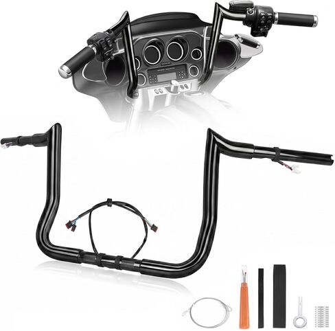 Pre-Wired Rise Handlebars Ape Hangers for Harley 2014-2023 Street Glide Electra Glide Ultra Limited 1.25" Fat Meathook Handle Bar Prewired CAN-Bus Wire and Guiding Line (Gloss Black, 12 inch) in Kuwait