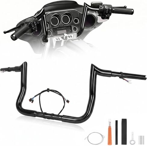 Pre-Wired Rise Handlebars Ape Hangers for Harley 2014-2023 Street Glide Electra Glide Ultra Limited 1.25" Fat Meathook Handle Bar Prewired CAN-Bus Wire and Guiding Line (Gloss Black, 12 inch) in Kuwait