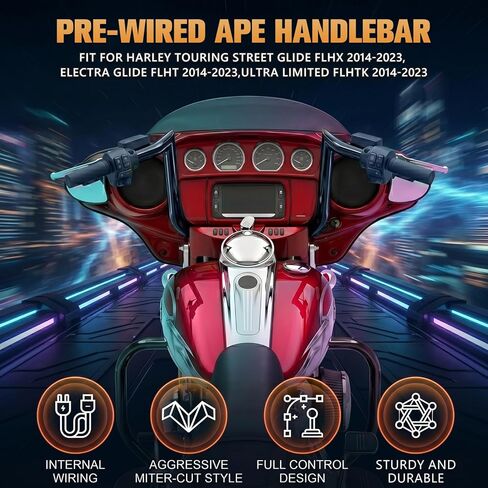 Pre-Wired Rise Handlebars Ape Hangers for Harley 2014-2023 Street Glide Electra Glide Ultra Limited 1.25" Fat Meathook Handle Bar Prewired CAN-Bus Wire and Guiding Line (Gloss Black, 12 inch) in Kuwait
