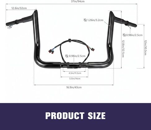 Pre-Wired Rise Handlebars Ape Hangers for Harley 2014-2023 Street Glide Electra Glide Ultra Limited 1.25" Fat Meathook Handle Bar Prewired CAN-Bus Wire and Guiding Line (Gloss Black, 12 inch) in Kuwait