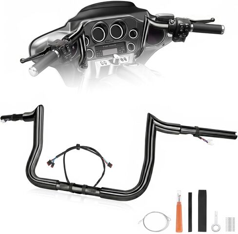 Pre-Wired Rise Handlebars Ape Hangers for Harley 2014-2023 Street Glide Electra Glide Ultra Limited 1.25" Fat Meathook Handle Bar Prewired CAN-Bus Wire and Guiding Line (Gloss Black, 12 inch) in Kuwait