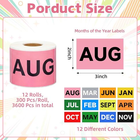 12 Rolls 3600 Pcs Months of The Year Labels - 3 x 2 Inch Rectangular Color Coded Month of The Year Stickers, 300 Pieces Per Roll in Saudi Arabia