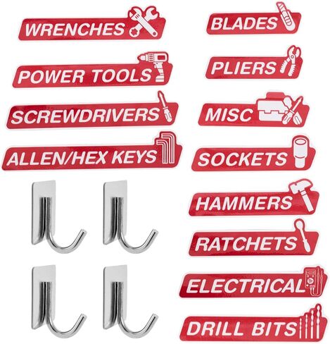 Magnetic Tool Box Labels and Hooks Set, 12 PCS Toolbox Magnetic Labels + 4PCS Self Adhesive Metal Hooks, Reusable Tool Box Accessories Organize for Steel Carts, Drawers, and Cabinets(Black) in Saudi Arabia