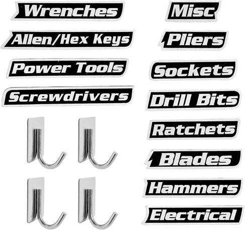 Magnetic Tool Box Labels and Hooks Set, 12 PCS Toolbox Magnetic Labels + 4PCS Self Adhesive Metal Hooks, Reusable Tool Box Accessories Organize for Steel Carts, Drawers, and Cabinets(Black) in Kuwait