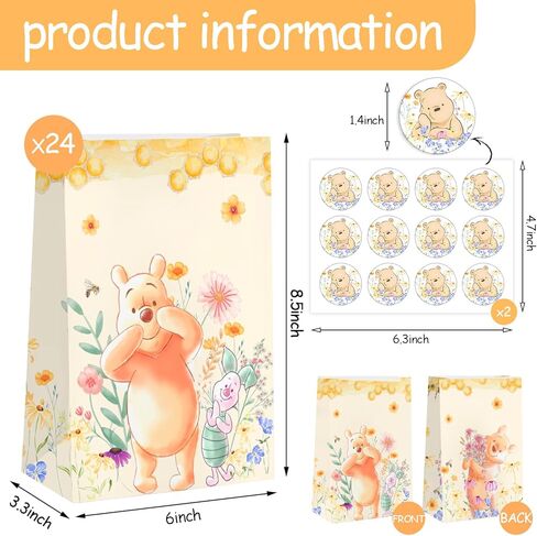 wjrsxilt 24pcs Winnie Goodie Bag for Birthday Party Decorations,Honey Bear Party Gift Bags Paper Lunch Bags for the Pooh Baby Shower Wedding Bread Cookie Snack Thank You Gift Wrapping Bag in Saudi Arabia