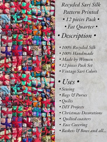 Makers Craft 12 Pieces Pack 18'' X 22'' Vintage Pattern Printed Mix Multicolor Indian Sari 100% Silk Fat Quarters DIY for Crafts,Quilting, Sewing, Patch Work and Many More in Saudi Arabia