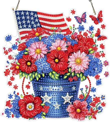 RICUVED Flowers Diamond Art Hanging Kit for Adult, Independence Day Special Shaped Diamond Painting Pendant Kit, 5D Art Suncatchers Flag Double Sided Hanging Window Ornament for Home Garden Decor in Saudi Arabia