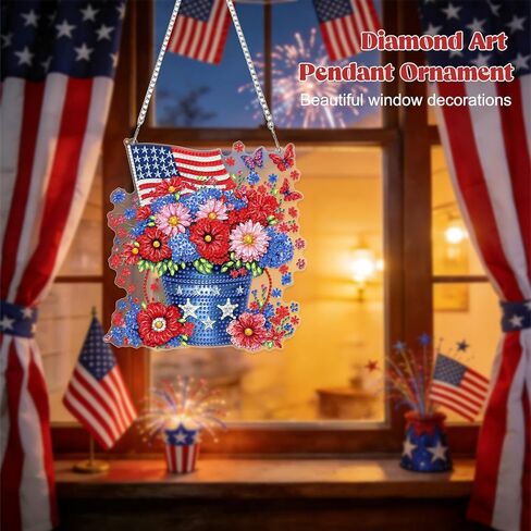 RICUVED Flowers Diamond Art Hanging Kit for Adult, Independence Day Special Shaped Diamond Painting Pendant Kit, 5D Art Suncatchers Flag Double Sided Hanging Window Ornament for Home Garden Decor in Saudi Arabia
