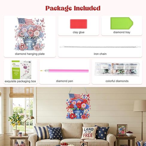 RICUVED Flowers Diamond Art Hanging Kit for Adult, Independence Day Special Shaped Diamond Painting Pendant Kit, 5D Art Suncatchers Flag Double Sided Hanging Window Ornament for Home Garden Decor in Saudi Arabia
