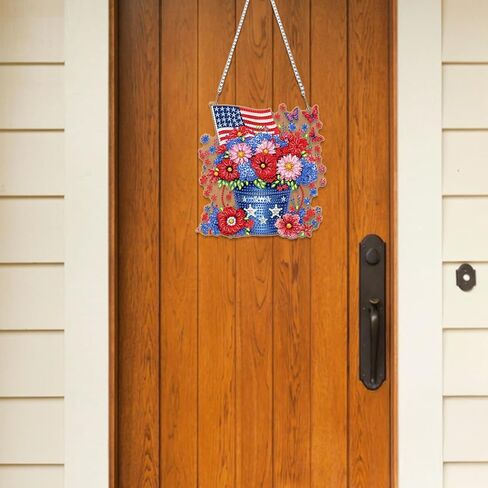 RICUVED Flowers Diamond Art Hanging Kit for Adult, Independence Day Special Shaped Diamond Painting Pendant Kit, 5D Art Suncatchers Flag Double Sided Hanging Window Ornament for Home Garden Decor in Saudi Arabia