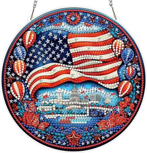 RICUVED Flowers Diamond Art Hanging Kit for Adult, Independence Day Special Shaped Diamond Painting Pendant Kit, 5D Art Suncatchers Flag Double Sided Hanging Window Ornament for Home Garden Decor in Saudi Arabia