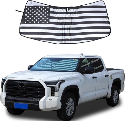 مظلة الشمس للزجاج الأمامي الأصلي لسيارة Toyota Tundra Sequoia 2022 2023 2024+ ملحقات مظلة الشمس العاكسة للزجاج الأمامي للسيارة (فضي أسود علم الولايات المتحدة) in Kuwait