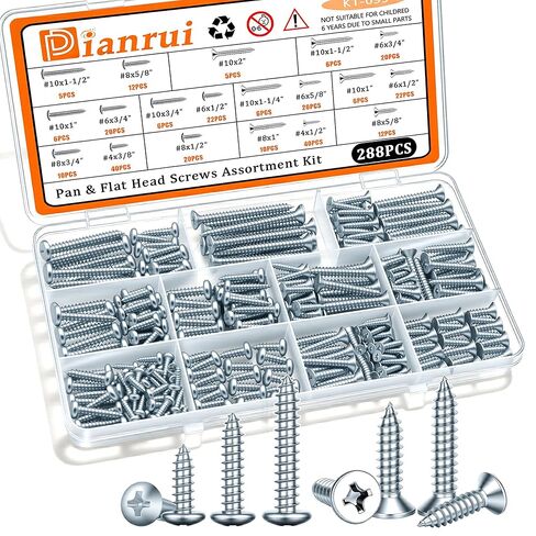 Dianrui 288 PCS Wood Screws Assortment Kit, Assorted Sheet Metal Screws #4/#6/#8/#10, ‌Phillips Drive Pan & Flat Head Screw Set Marine Grade Length 3/8" to 2" in Saudi Arabia