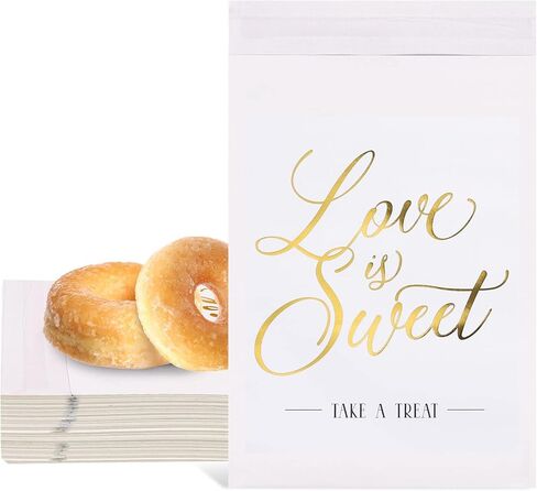 AnyDesign 100 Pack Wedding Party Favors Bags Gold Foil Love is Sweet White Kraft Paper Treat Bags Self-Adhesive Candy Cookie Buffets Bags for Bridal Shower Party Gift Craft Fairs Events, 5 x 7 In in Kuwait