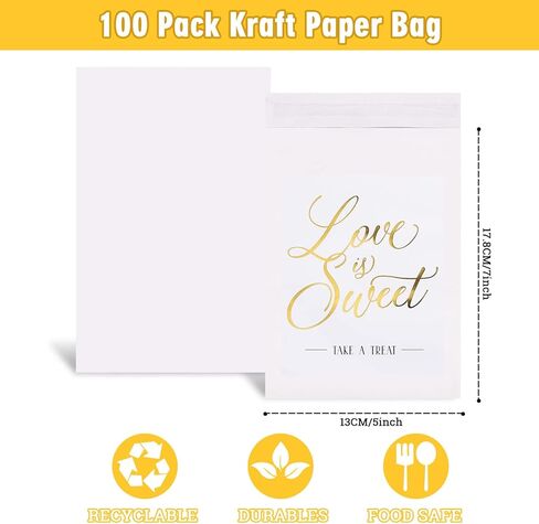 AnyDesign 100 Pack Wedding Party Favors Bags Gold Foil Love is Sweet White Kraft Paper Treat Bags Self-Adhesive Candy Cookie Buffets Bags for Bridal Shower Party Gift Craft Fairs Events, 5 x 7 In in Kuwait