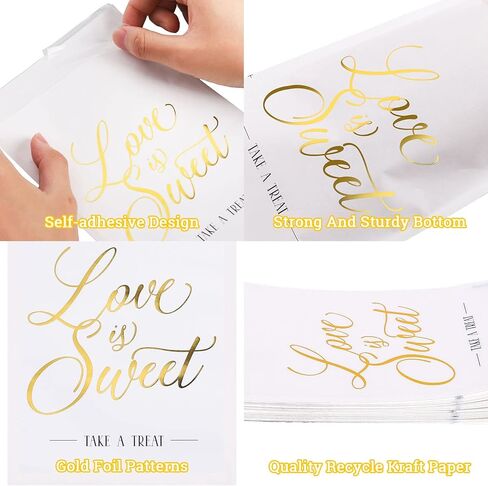 AnyDesign 100 Pack Wedding Party Favors Bags Gold Foil Love is Sweet White Kraft Paper Treat Bags Self-Adhesive Candy Cookie Buffets Bags for Bridal Shower Party Gift Craft Fairs Events, 5 x 7 In in Kuwait