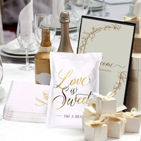 AnyDesign 100 Pack Wedding Party Favors Bags Gold Foil Love is Sweet White Kraft Paper Treat Bags Self-Adhesive Candy Cookie Buffets Bags for Bridal Shower Party Gift Craft Fairs Events, 5 x 7 In in Kuwait