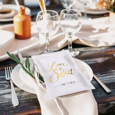 AnyDesign 100 Pack Wedding Party Favors Bags Gold Foil Love is Sweet White Kraft Paper Treat Bags Self-Adhesive Candy Cookie Buffets Bags for Bridal Shower Party Gift Craft Fairs Events, 5 x 7 In in Kuwait