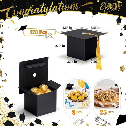 EQOREIIN 120 Pack Graduation Party Favors Candy Boxes, Class of 2026 Graduation Cap Gift Box with Tassel, Grad Treat Boxes for Table Centerpieces Decorations(Black,Gold) in Saudi Arabia