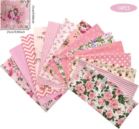 14Pcs 10x10 Inch Pink Floral Print Precut Patchwork Fabric Squares for Quilting, Sewing & DIY Crafts in Kuwait