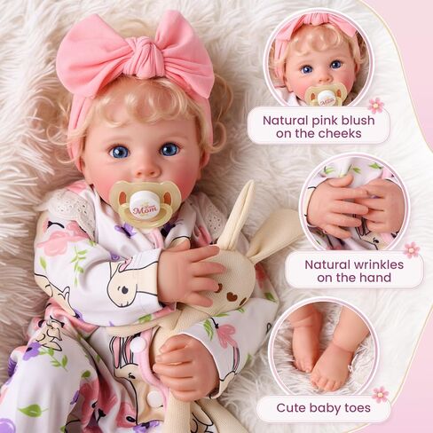 BABESIDE Reborn Baby Dolls - 17 بوصة لطيفة من الفينيل الناعم واقعية دمية طفل فتاة جميلة مستيقظا أشقر مجعد الشعر فتاة مع جسم قابل لاتخاذ الوضعيات دمى طفل الحياة الحقيقية مع صندوق هدية للأطفال من سن 3 سنوات فما فوق in Kuwait