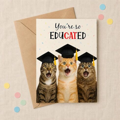 Funny Graduation Card – Cute Cat Pun Gifts, Humor Congrats Card for Graduate, High School Graduation Gift for Son, Daughter, Boys, Girls from Friends or Family - Folded 5"x7" with 350gsm Cardstock, Includes Kraff Envelope in Saudi Arabia