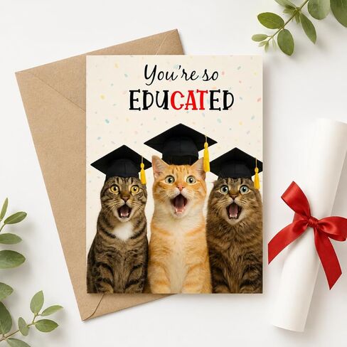 Funny Graduation Card – Cute Cat Pun Gifts, Humor Congrats Card for Graduate, High School Graduation Gift for Son, Daughter, Boys, Girls from Friends or Family - Folded 5"x7" with 350gsm Cardstock, Includes Kraff Envelope in Saudi Arabia