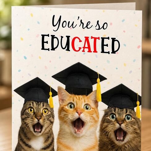 Funny Graduation Card – Cute Cat Pun Gifts, Humor Congrats Card for Graduate, High School Graduation Gift for Son, Daughter, Boys, Girls from Friends or Family - Folded 5"x7" with 350gsm Cardstock, Includes Kraff Envelope in Saudi Arabia