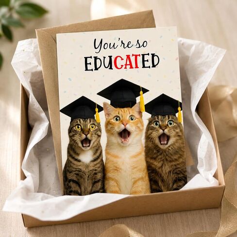 Funny Graduation Card – Cute Cat Pun Gifts, Humor Congrats Card for Graduate, High School Graduation Gift for Son, Daughter, Boys, Girls from Friends or Family - Folded 5"x7" with 350gsm Cardstock, Includes Kraff Envelope in Saudi Arabia