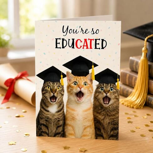 Funny Graduation Card – Cute Cat Pun Gifts, Humor Congrats Card for Graduate, High School Graduation Gift for Son, Daughter, Boys, Girls from Friends or Family - Folded 5"x7" with 350gsm Cardstock, Includes Kraff Envelope in Saudi Arabia
