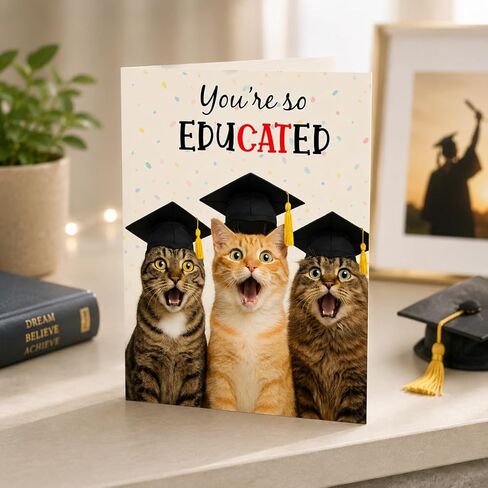 Funny Graduation Card – Cute Cat Pun Gifts, Humor Congrats Card for Graduate, High School Graduation Gift for Son, Daughter, Boys, Girls from Friends or Family - Folded 5"x7" with 350gsm Cardstock, Includes Kraff Envelope in Saudi Arabia