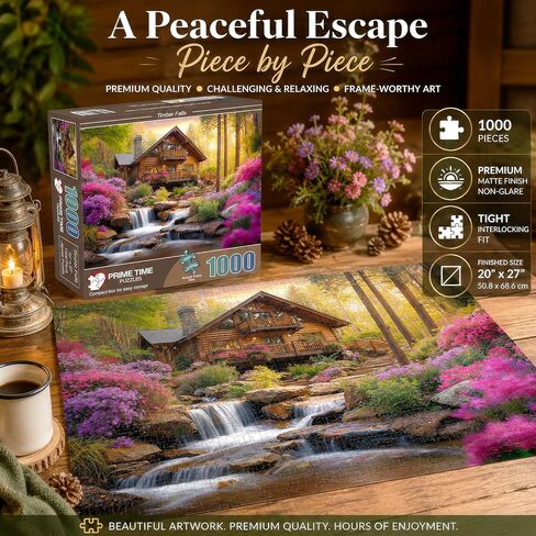 1000 Piece Jigsaw Puzzle for Adults - Mountain Cabin Waterfall - Challenging Puzzle Perfect for Game Nights - 1000 Piece for Adults. Nature Landscape Photograph in Forest 20x27 inch in Saudi Arabia